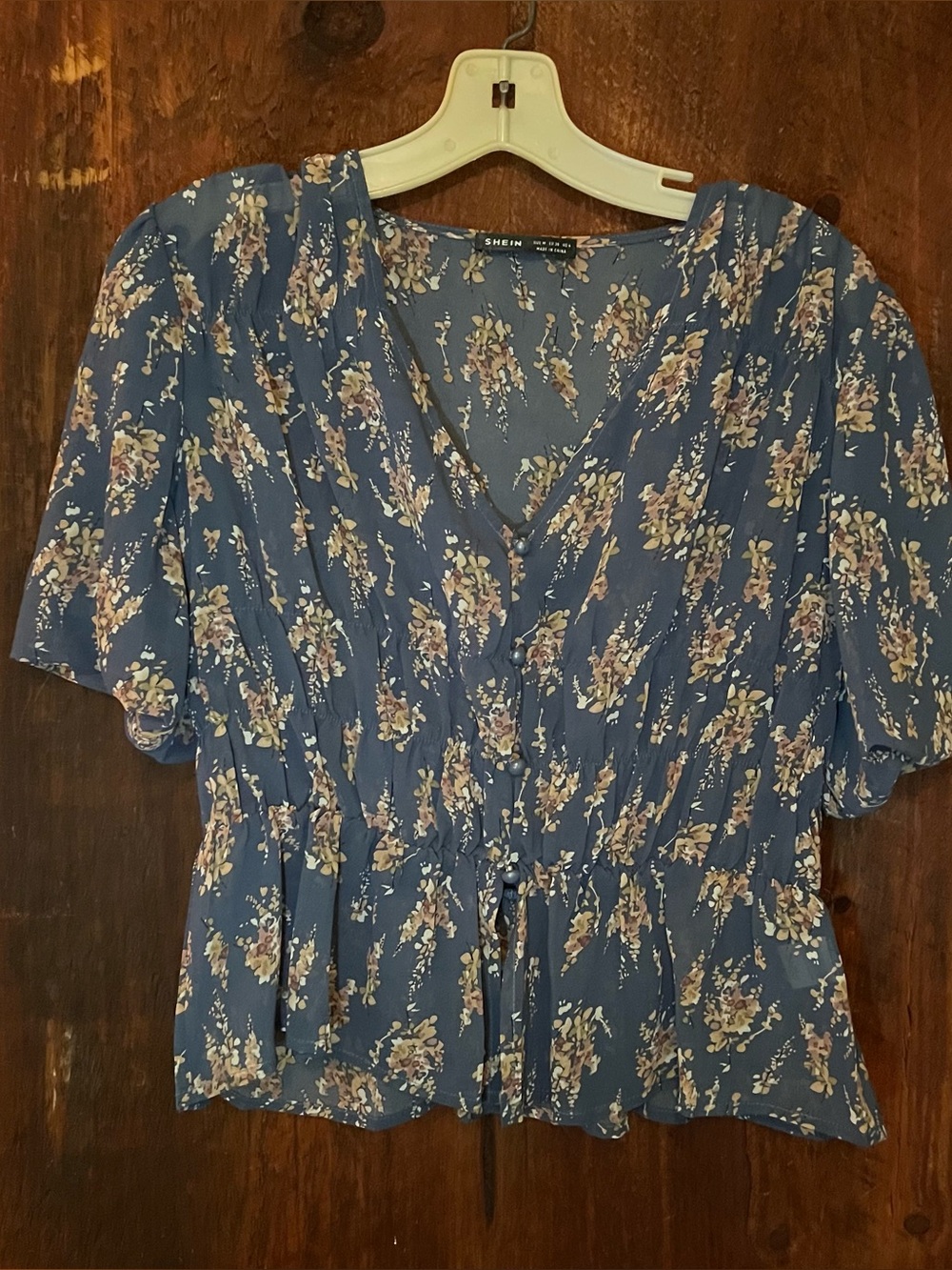 SHEIN Blue Floral Button-Front Short Sleeve Blouse